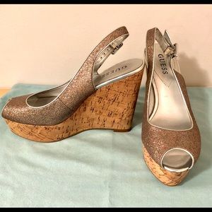 GUESS 7 1/2 glitter peep-toe sling back w/ cork wedge